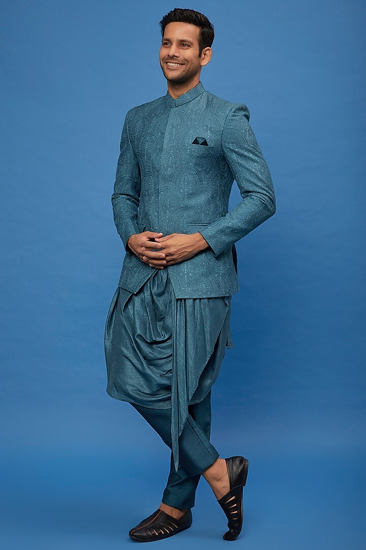 Blue Viscose Embroidered Indo-Western Set by AUGUST by Swati Akash Jhunjhunwala