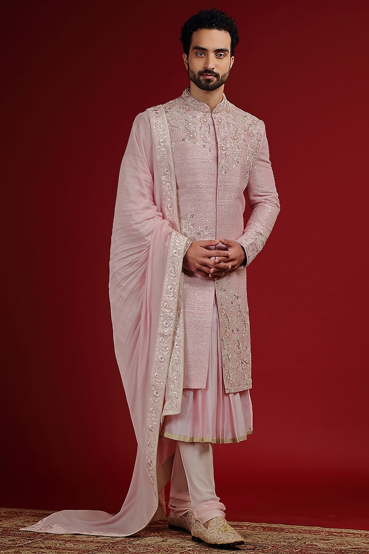 Blush Pink Silk Hand Embroidered Sherwani Set by AUGUST by Swati Akash Jhunjhunwala