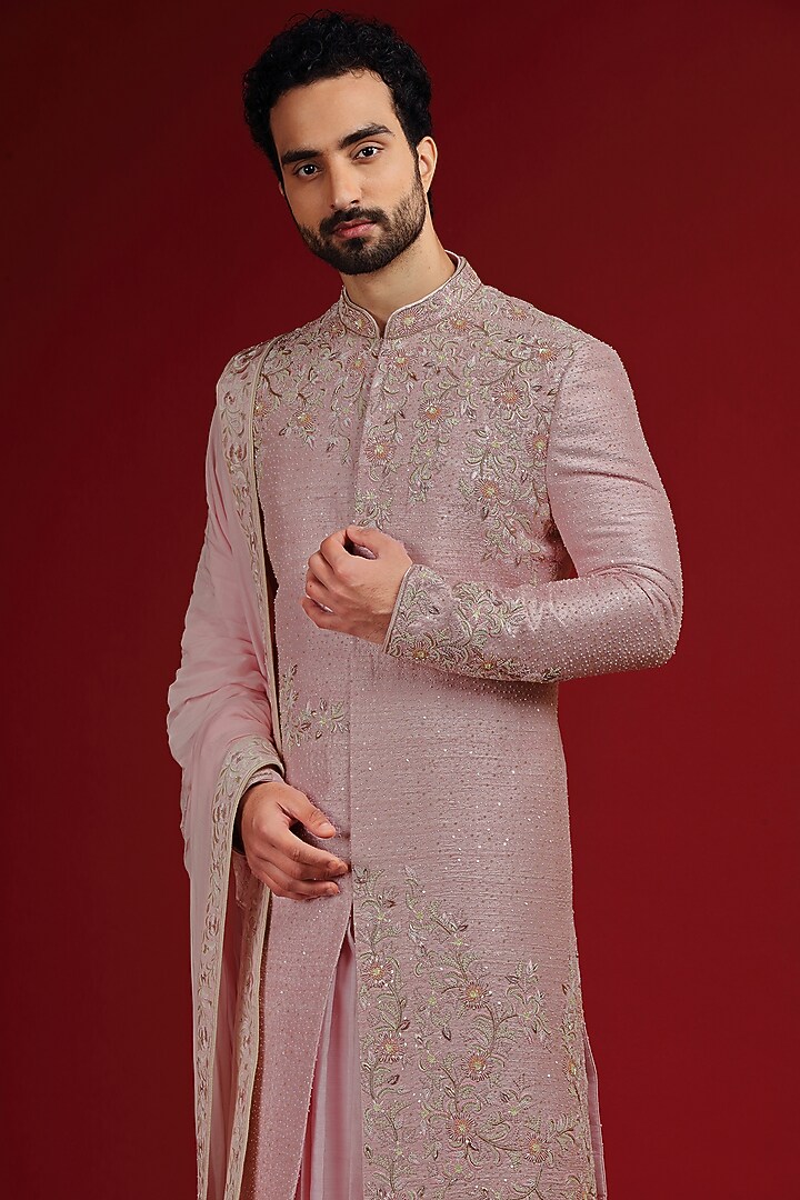 Blush Pink Silk Hand Embroidered Groom Sherwani Set by AUGUST by Swati Akash Jhunjhunwala at Pernia's Pop Up Shop