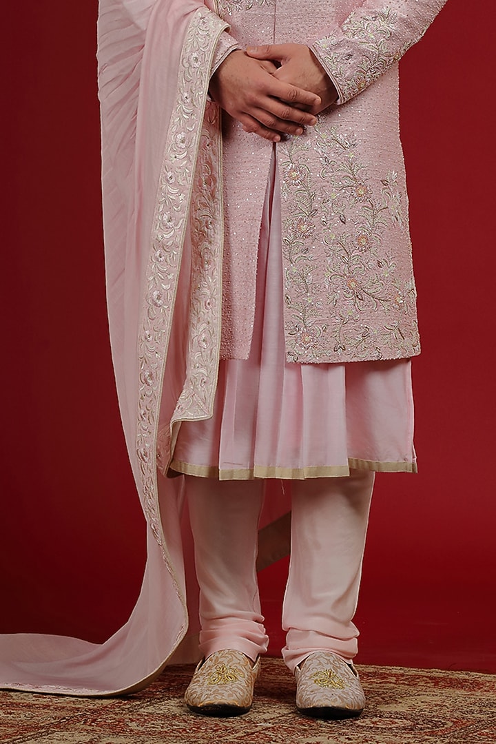 Blush Pink Silk Hand Embroidered Groom Sherwani Set by AUGUST by Swati Akash Jhunjhunwala at Pernia's Pop Up Shop