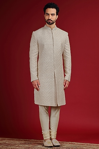 Ivory Silk Hand Embroidered Sherwani Set by AUGUST by Swati Akash Jhunjhunwala