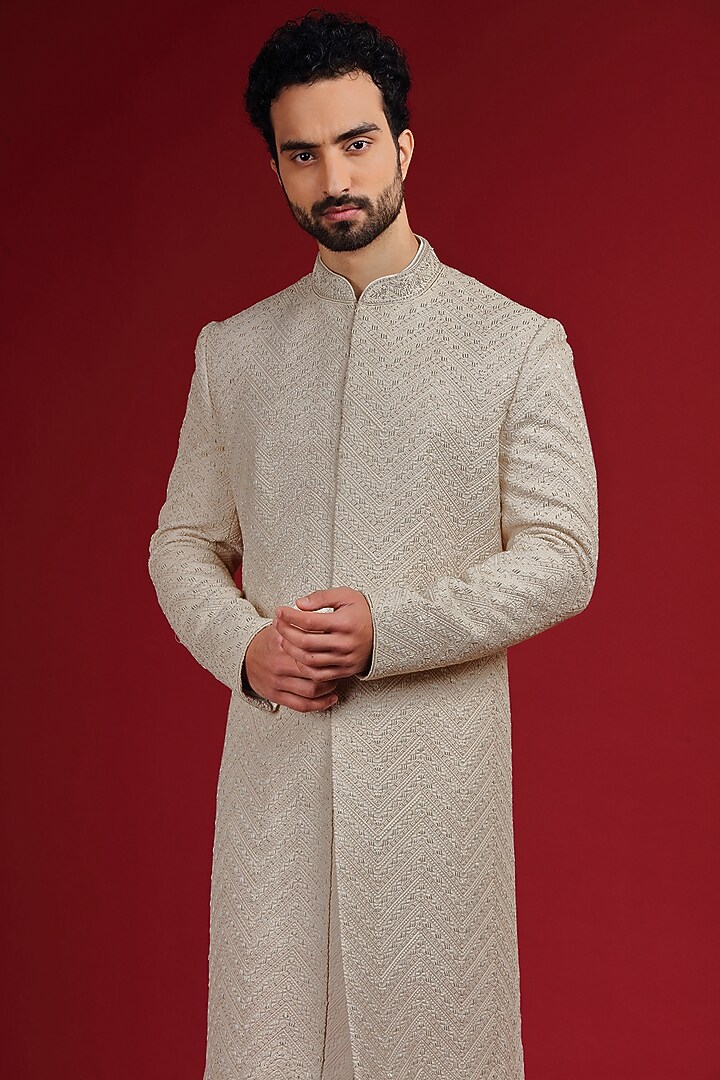 Ivory Silk Hand Embroidered Groom Sherwani Set by AUGUST by Swati Akash Jhunjhunwala at Pernia's Pop Up Shop