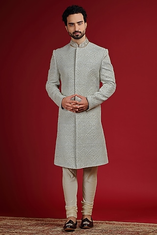 Powder Blue Silk Hand Embroidered Sherwani Set by AUGUST by Swati Akash Jhunjhunwala