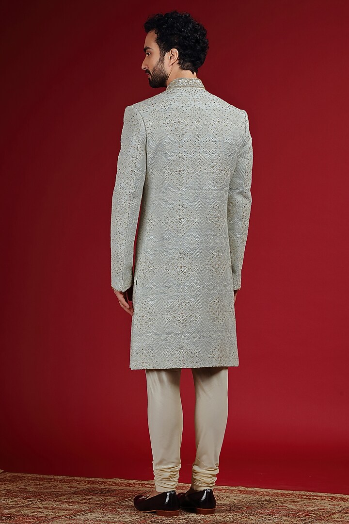Powder Blue Silk Hand Embroidered Groom Sherwani Set by AUGUST by Swati Akash Jhunjhunwala at Pernia's Pop Up Shop