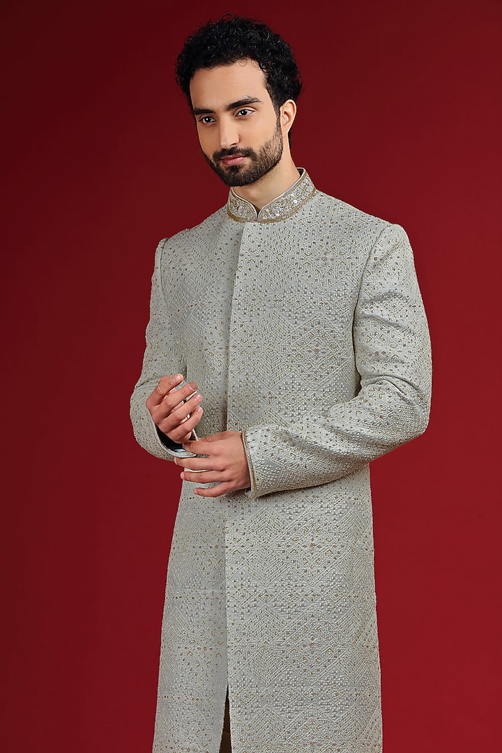 Powder Blue Silk Hand Embroidered Groom Sherwani Set by AUGUST by Swati Akash Jhunjhunwala at Pernia's Pop Up Shop