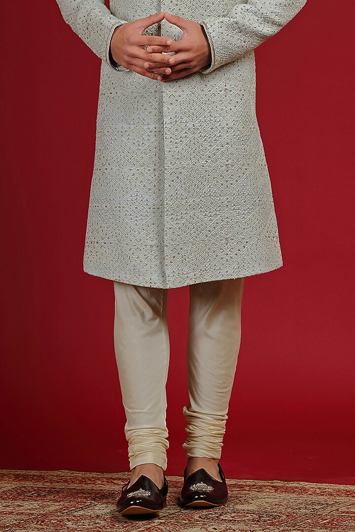 Powder Blue Silk Hand Embroidered Groom Sherwani Set by AUGUST by Swati Akash Jhunjhunwala at Pernia's Pop Up Shop