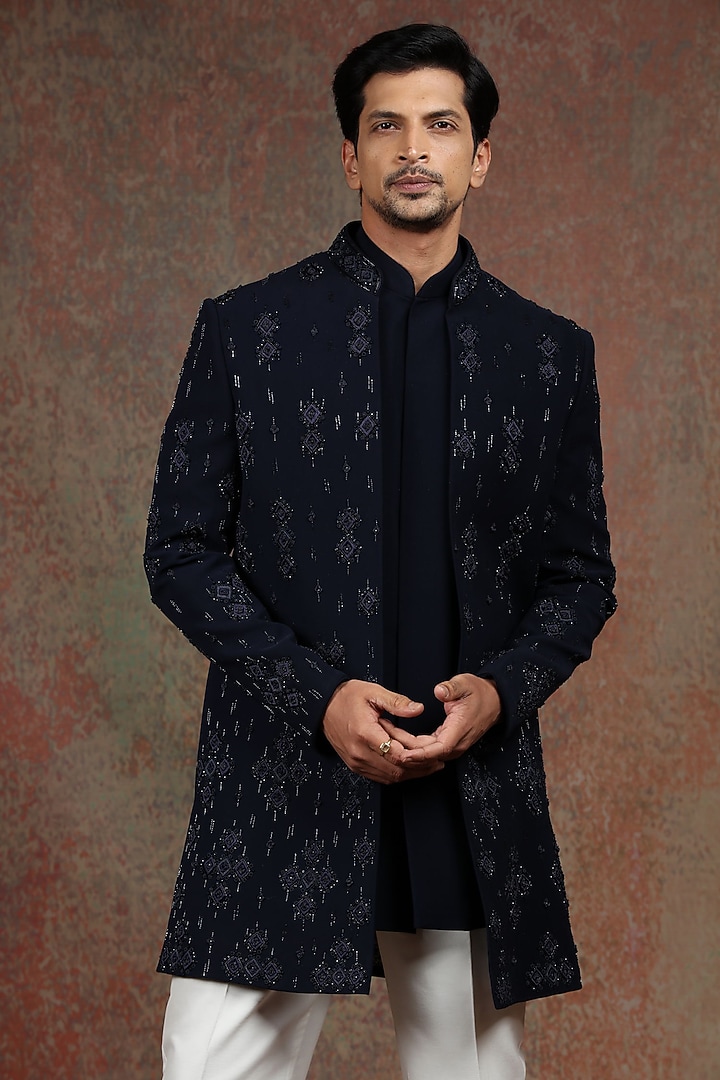 Midnight Blue TR Fabric Geometric Embroidered Wedding Indowestern Set ...