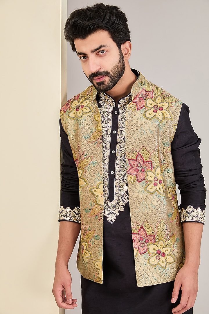 Multi-Colored Brocade Resham Embroidered Wedding Indowestern Set by AUGUST by Swati Akash Jhunjhunwala at Pernia's Pop Up Shop