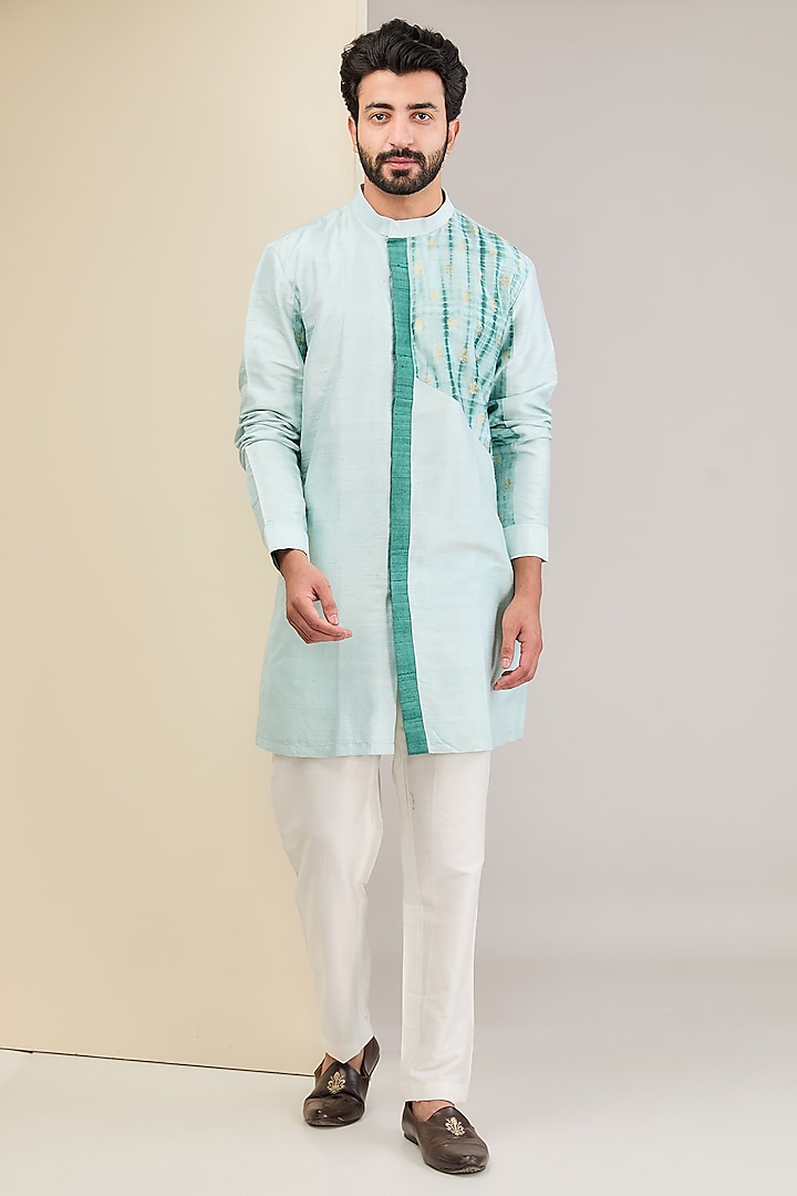 Mint Raw Silk Patchwork Kurta Set by AUGUST by Swati Akash Jhunjhunwala