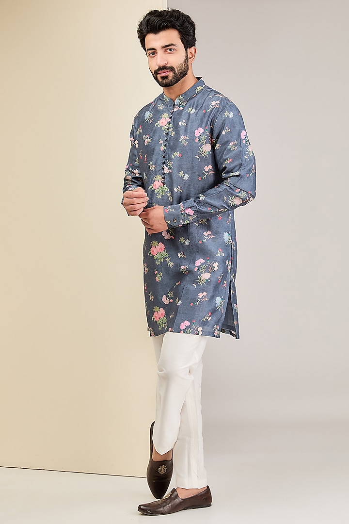 Slate Grey Silk Printed Kurta Set by AUGUST by Swati Akash Jhunjhunwala