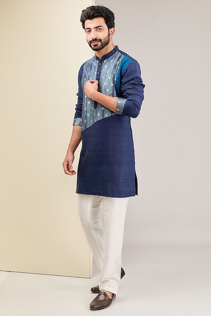 Blue Raw Silk Patchwork Short Kurta Set by AUGUST by Swati Akash Jhunjhunwala at Pernia's Pop Up Shop