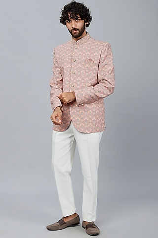 Salmon Pink Silk Embroidered Jodhpuri Set by AUGUST by Swati Akash Jhunjhunwala