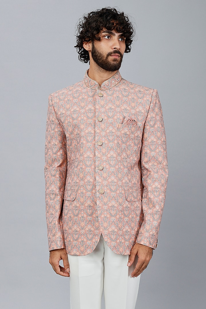 Salmon Pink Silk Embroidered Jodhpuri Set by AUGUST by Swati Akash Jhunjhunwala at Pernia's Pop Up Shop