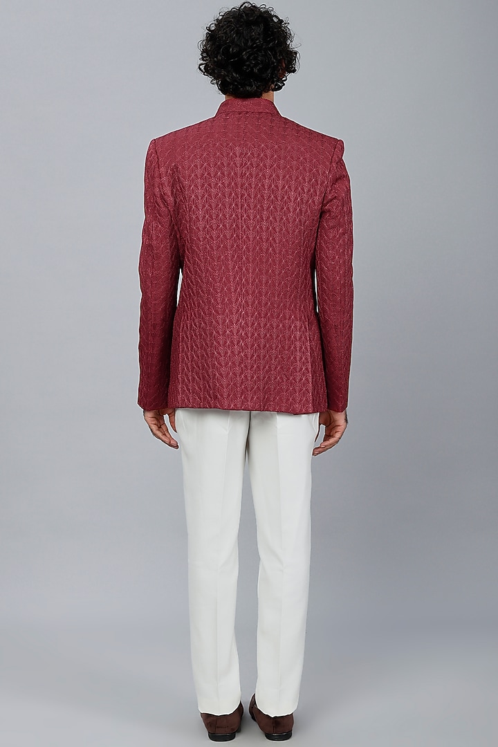 Cherry Red Silk Bandhgala Set by AUGUST by Swati Akash Jhunjhunwala at Pernia's Pop Up Shop