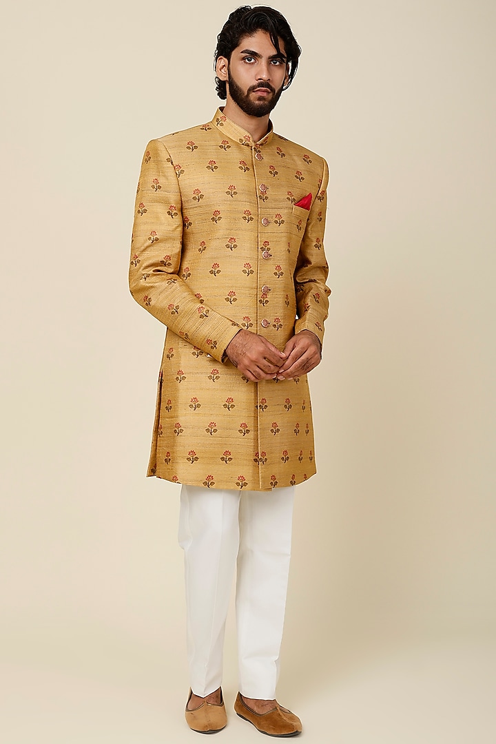 Mustard Floral Printed Sherwani Set by AUGUST by Swati Akash Jhunjhunwala