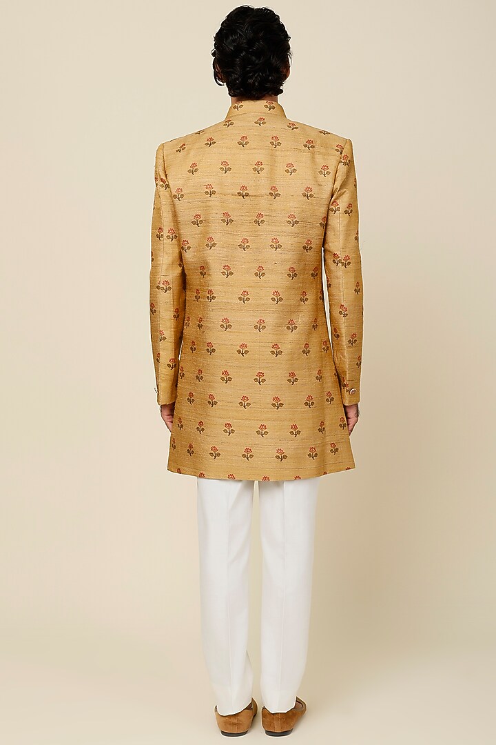 Mustard Floral Printed Wedding Sherwani Set by AUGUST by Swati Akash Jhunjhunwala at Pernia's Pop Up Shop