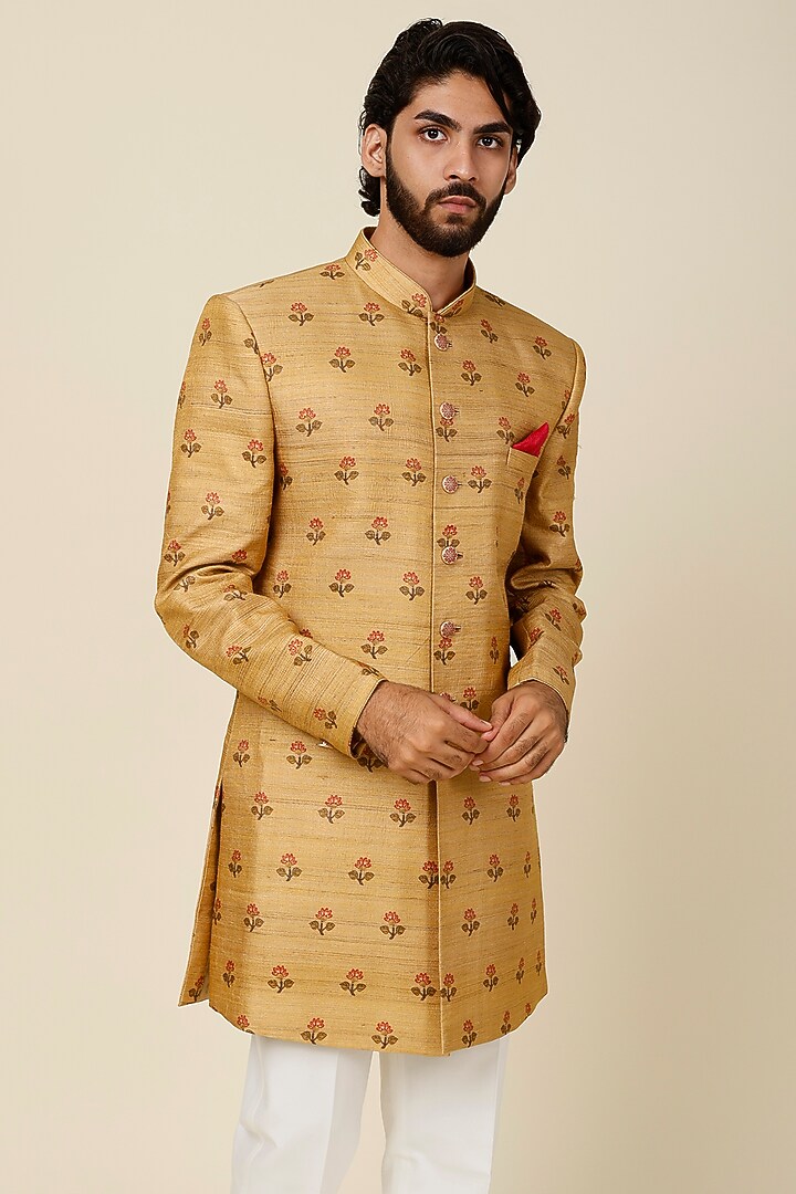 Mustard Floral Printed Wedding Sherwani Set by AUGUST by Swati Akash Jhunjhunwala at Pernia's Pop Up Shop