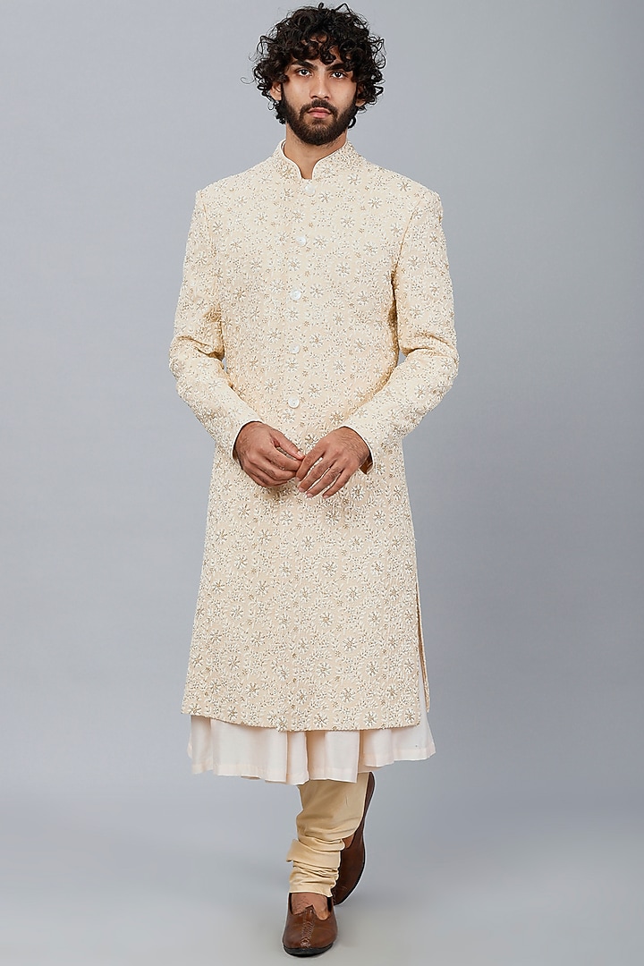 Ivory Silk Embroidered Wedding Sherwani Set by AUGUST by Swati Akash Jhunjhunwala at Pernia's Pop Up Shop