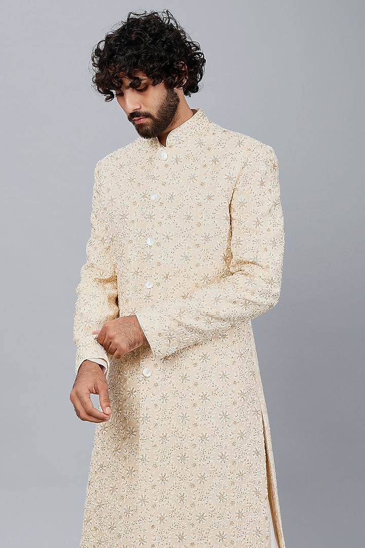 Ivory Silk Embroidered Wedding Sherwani Set by AUGUST by Swati Akash Jhunjhunwala at Pernia's Pop Up Shop