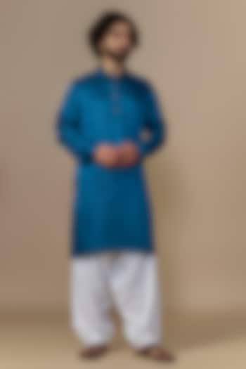 Royal Blue Blended Satin Pathani Kurta Set by AUGUST by Swati Akash Jhunjhunwala at Pernia's Pop Up Shop