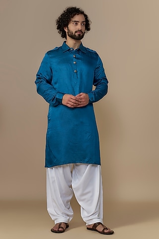 Royal Blue Blended Satin Pathani Kurta Set by AUGUST by Swati Akash Jhunjhunwala