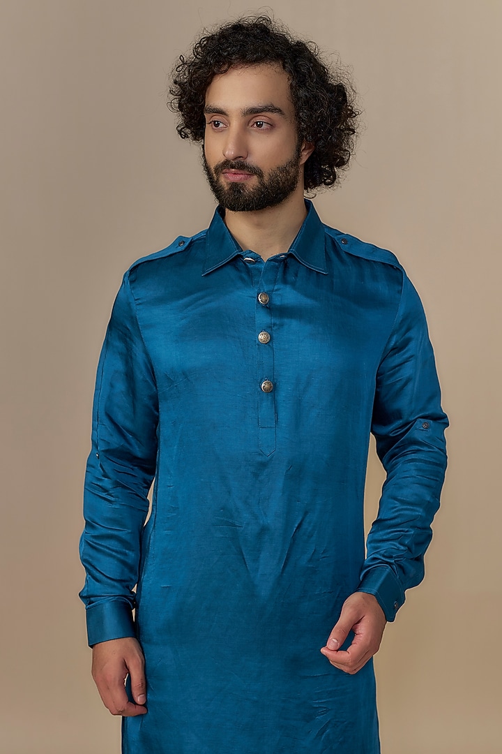 Royal Blue Blended Satin Pathani Kurta Set by AUGUST by Swati Akash Jhunjhunwala at Pernia's Pop Up Shop