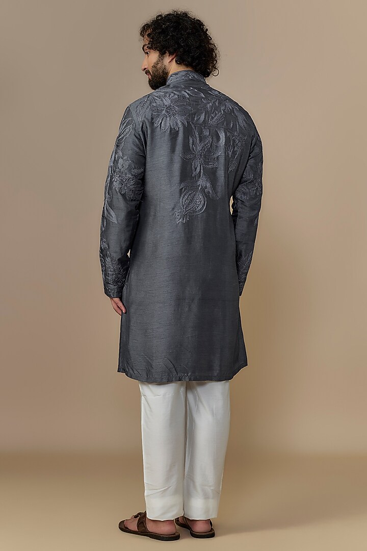 Dark Grey Blended Dupion Aari Embroidered Kurta Set by AUGUST by Swati Akash Jhunjhunwala at Pernia's Pop Up Shop