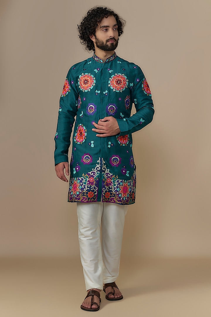 Teal Blue Blended Satin Mandala Embroidered Kurta Set by AUGUST by Swati Akash Jhunjhunwala at Pernia's Pop Up Shop