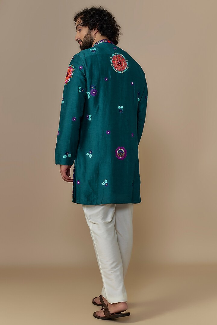 Teal Blue Blended Satin Mandala Embroidered Kurta Set by AUGUST by Swati Akash Jhunjhunwala at Pernia's Pop Up Shop