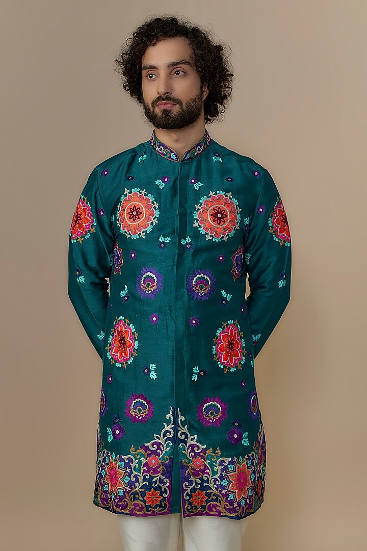 Teal Blue Blended Satin Mandala Embroidered Kurta Set by AUGUST by Swati Akash Jhunjhunwala at Pernia's Pop Up Shop