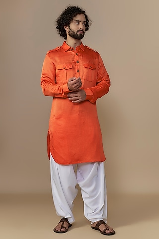 Orange Blended Satin Pathani Kurta Set by AUGUST by Swati Akash Jhunjhunwala