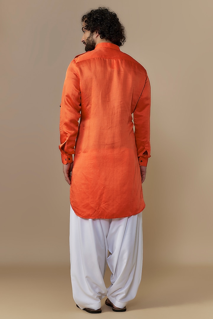 Orange Blended Satin Pathani Kurta Set by AUGUST by Swati Akash Jhunjhunwala at Pernia's Pop Up Shop