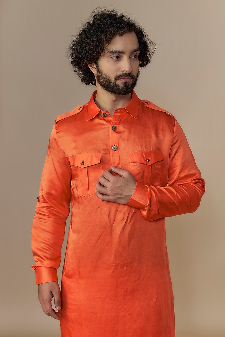 Orange Blended Satin Pathani Kurta Set by AUGUST by Swati Akash Jhunjhunwala at Pernia's Pop Up Shop