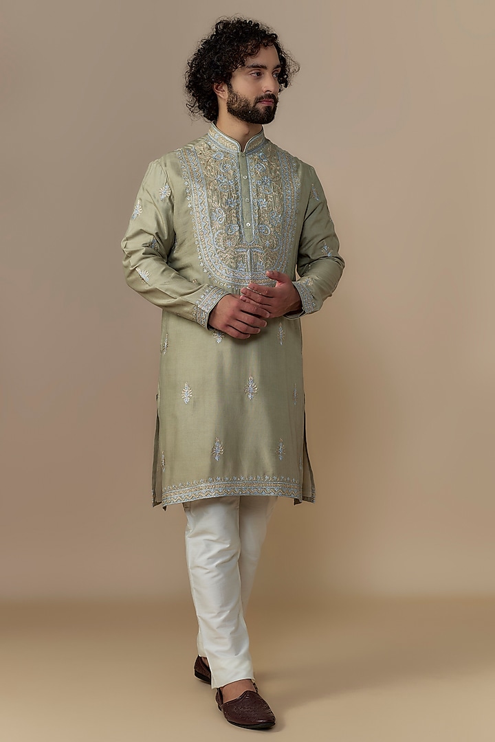 Sage Green Silk Blended Aari Embroidered Kurta Set by AUGUST by Swati Akash Jhunjhunwala at Pernia's Pop Up Shop