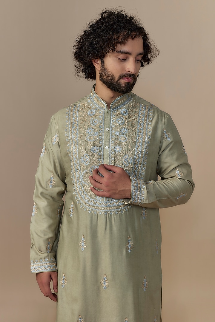 Sage Green Silk Blended Aari Embroidered Kurta Set by AUGUST by Swati Akash Jhunjhunwala at Pernia's Pop Up Shop