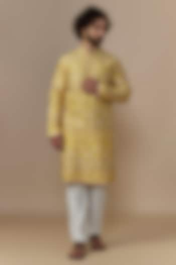 Sunset Yellow Blended Dupion Machine Embroidered Kurta Set by AUGUST by Swati Akash Jhunjhunwala at Pernia's Pop Up Shop