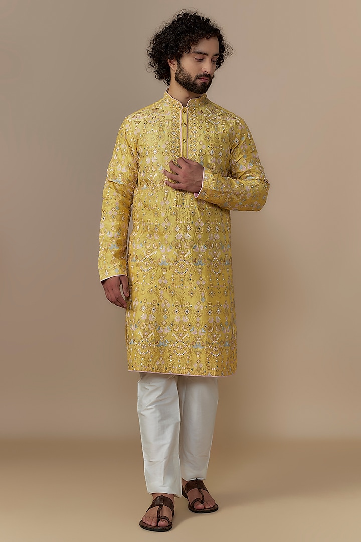 Sunset Yellow Blended Dupion Machine Embroidered Kurta Set by AUGUST by Swati Akash Jhunjhunwala at Pernia's Pop Up Shop