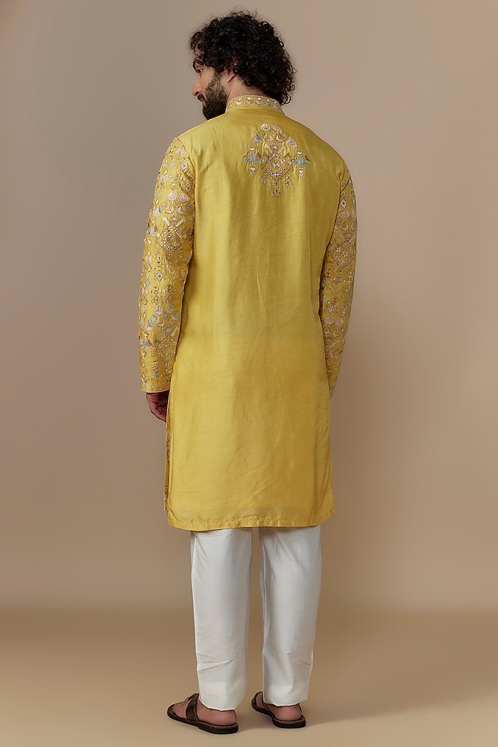 Sunset Yellow Blended Dupion Machine Embroidered Kurta Set by AUGUST by Swati Akash Jhunjhunwala at Pernia's Pop Up Shop