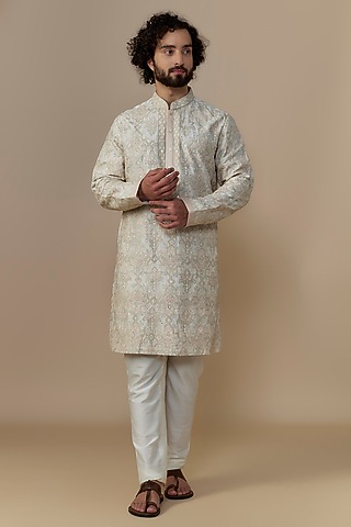 Ivory Blended Dupion Machine Embroidered Kurta Set by AUGUST by Swati Akash Jhunjhunwala