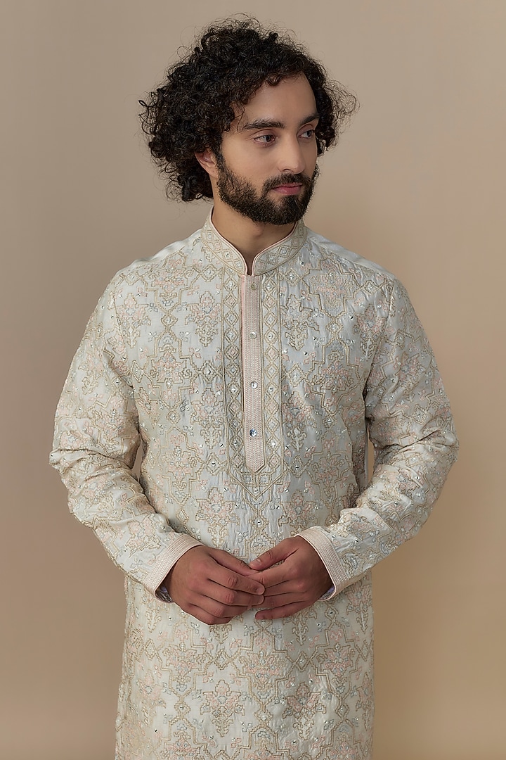 Ivory Blended Dupion Machine Embroidered Kurta Set by AUGUST by Swati Akash Jhunjhunwala at Pernia's Pop Up Shop