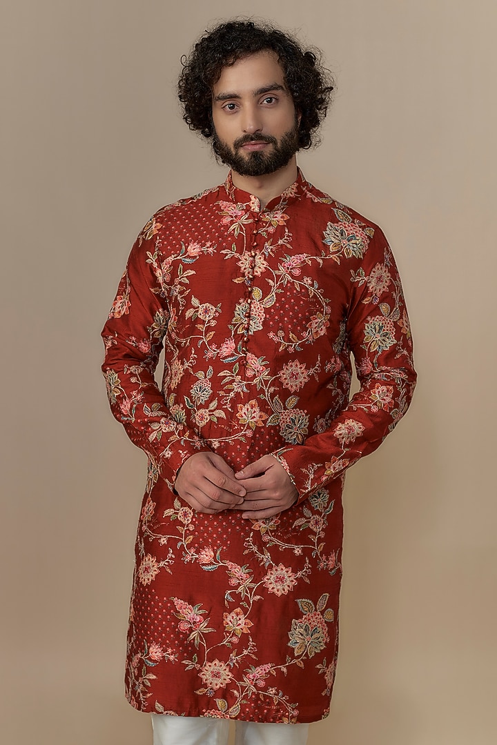 Orange Blended Dupion Digital Printed Kurta Set by AUGUST by Swati Akash Jhunjhunwala at Pernia's Pop Up Shop