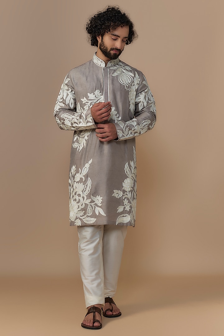 Pewter Grey Blended Dupion Aari Embroidered Kurta Set by AUGUST by Swati Akash Jhunjhunwala