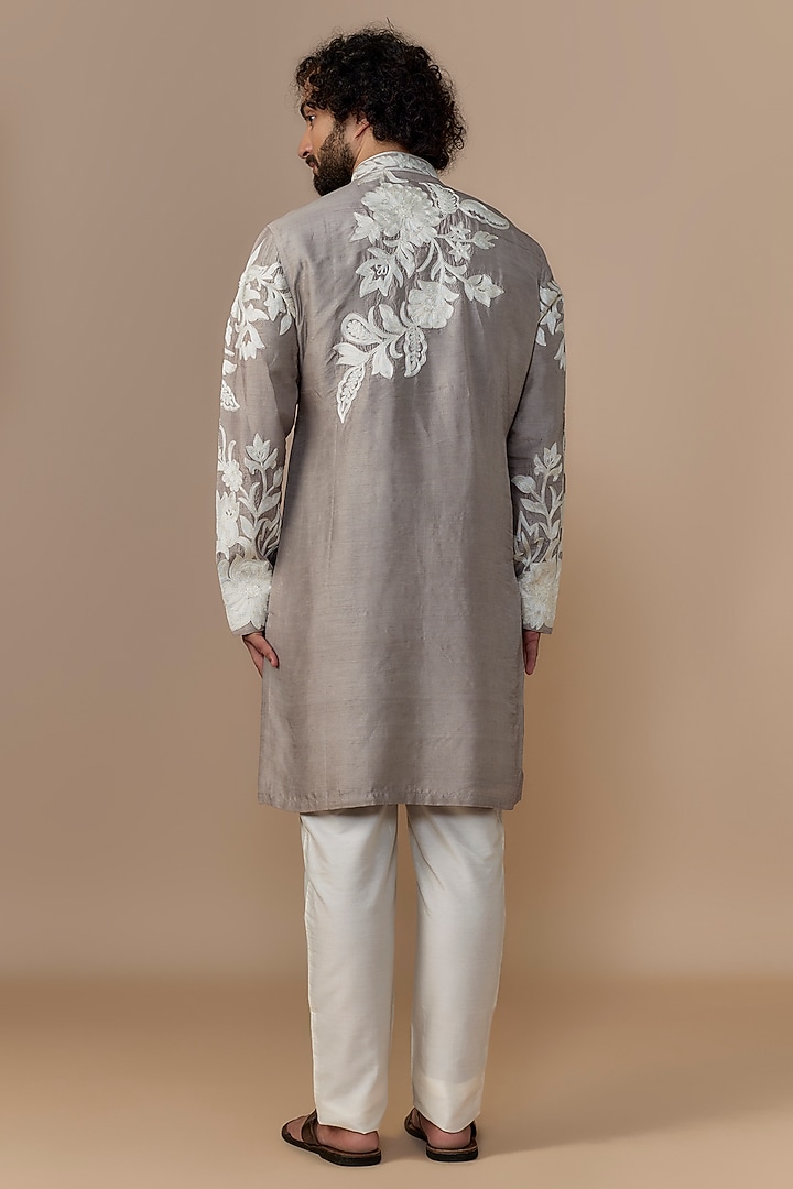 Pewter Grey Blended Dupion Aari Embroidered Kurta Set by AUGUST by Swati Akash Jhunjhunwala at Pernia's Pop Up Shop