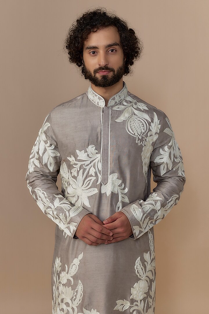 Pewter Grey Blended Dupion Aari Embroidered Kurta Set by AUGUST by Swati Akash Jhunjhunwala at Pernia's Pop Up Shop