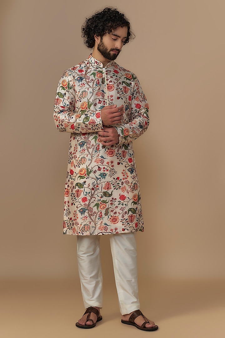 Off-White Blended Dupion Chintz Printed Kurta Set by AUGUST by Swati Akash Jhunjhunwala at Pernia's Pop Up Shop