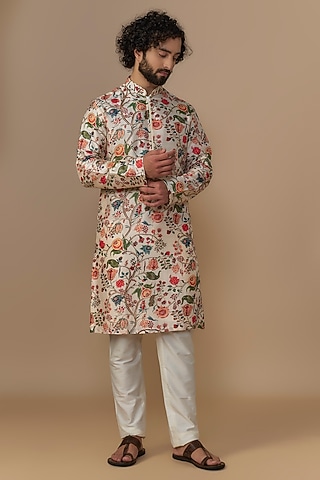 Off-White Blended Dupion Chintz Printed Kurta Set by AUGUST by Swati Akash Jhunjhunwala