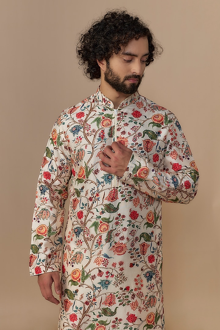 Off-White Blended Dupion Chintz Printed Kurta Set by AUGUST by Swati Akash Jhunjhunwala at Pernia's Pop Up Shop