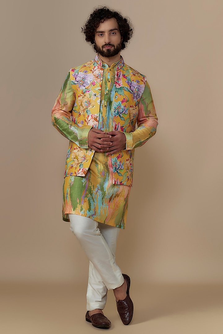 Sunshine Yellow Blended Dupion Floral Printed Nehru Jacket Set by AUGUST by Swati Akash Jhunjhunwala at Pernia's Pop Up Shop