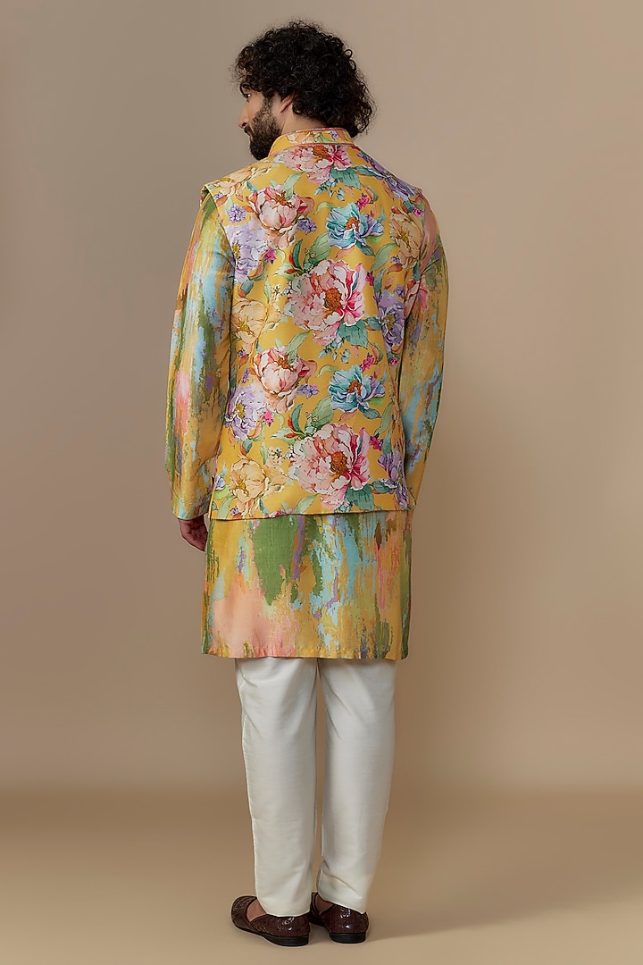 Sunshine Yellow Blended Dupion Floral Printed Nehru Jacket Set by AUGUST by Swati Akash Jhunjhunwala at Pernia's Pop Up Shop