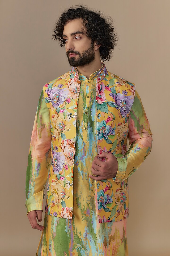 Sunshine Yellow Blended Dupion Floral Printed Nehru Jacket Set by AUGUST by Swati Akash Jhunjhunwala at Pernia's Pop Up Shop